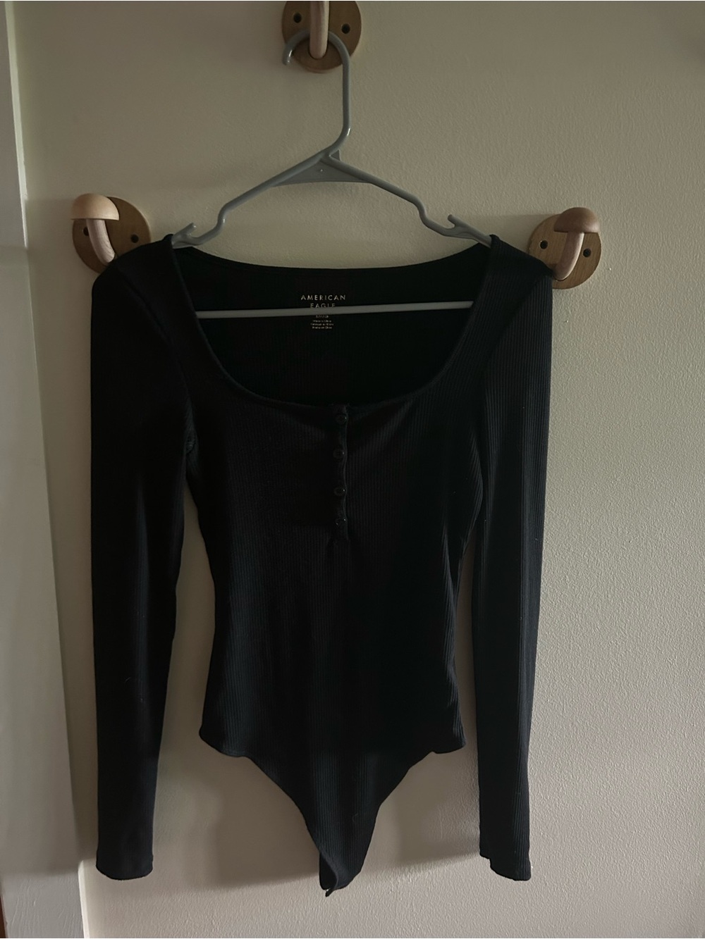 American Eagle Outfitters Black Long-Sleeve Ribbed Scoop-Neck Bodysuit